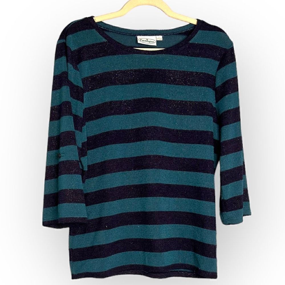 Patchington striped, black/green shimmery sweater polyester/rayon size large